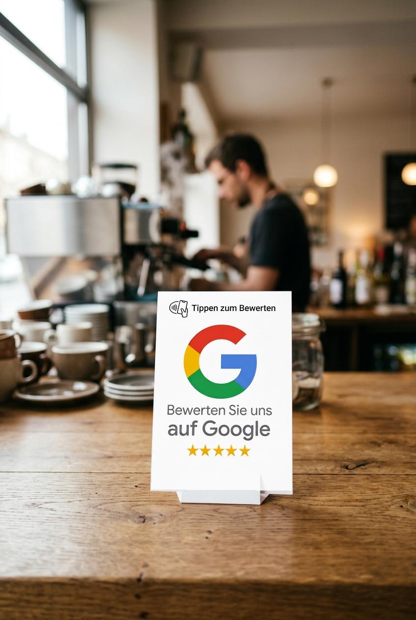 NFC Bewertungs-Aufsteller auf einer Cafetheke, Barista im Hintergrund