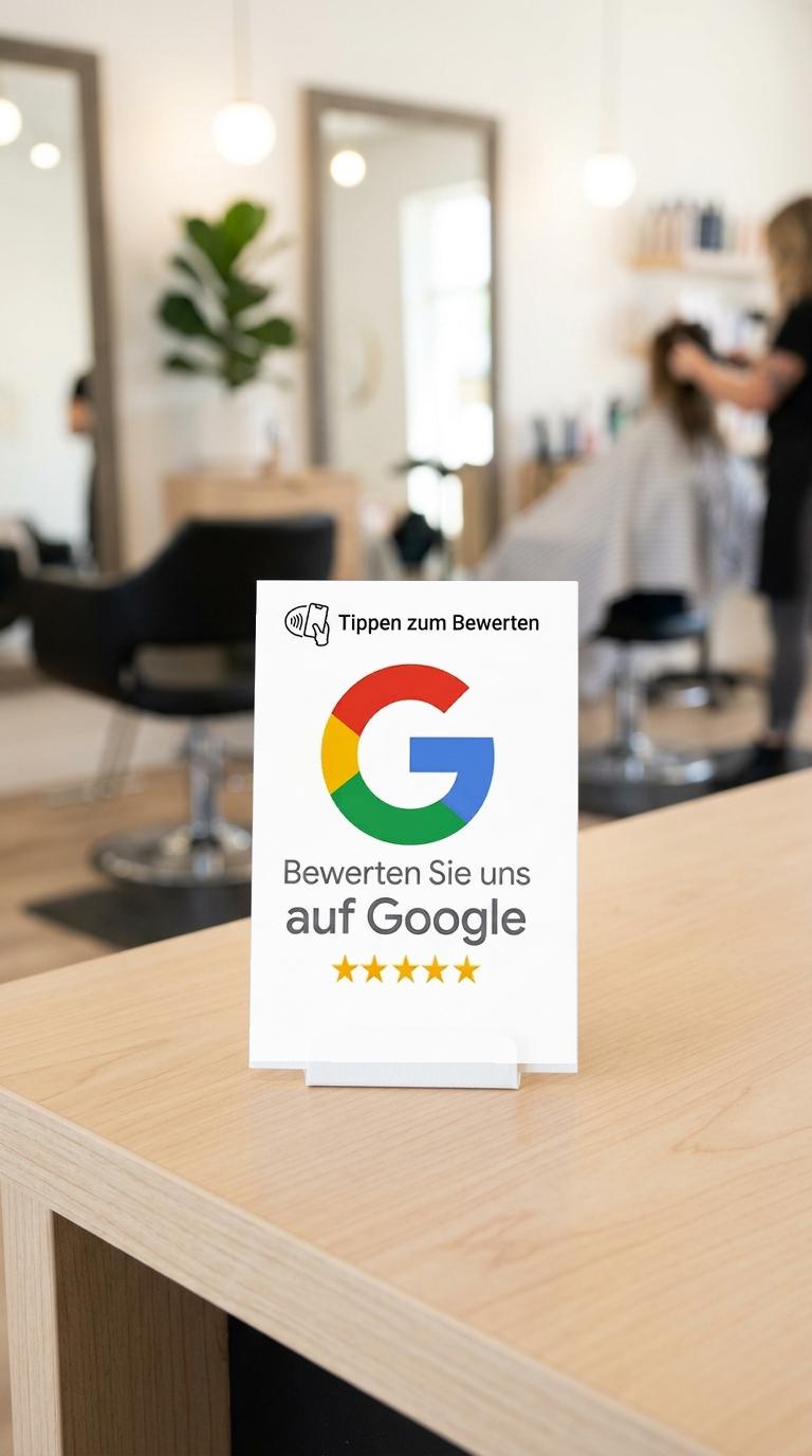 NFC Bewertungs-Aufsteller auf dem Empfangstresen eines Friseursalons