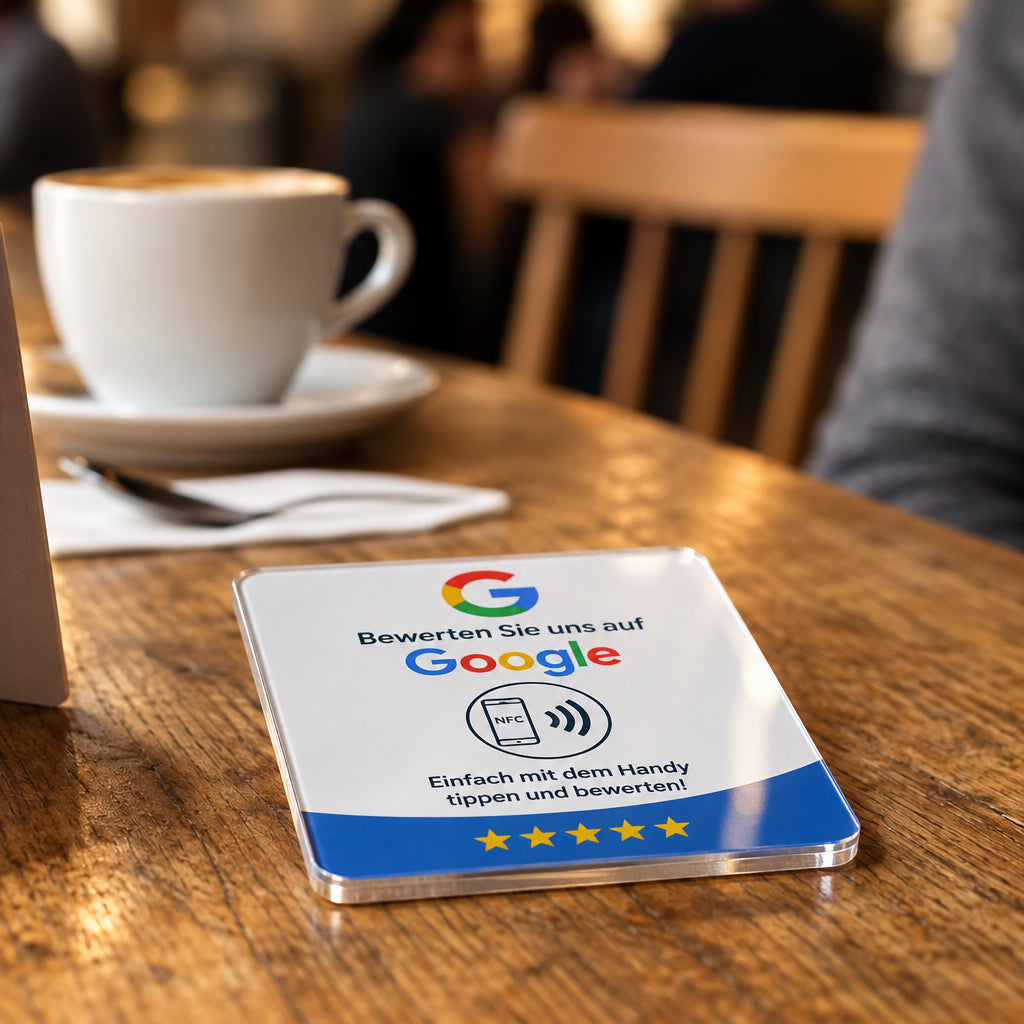 Google Bewertungskarte mit NFC auf einem Cafetisch neben einer Tasse Kaffee