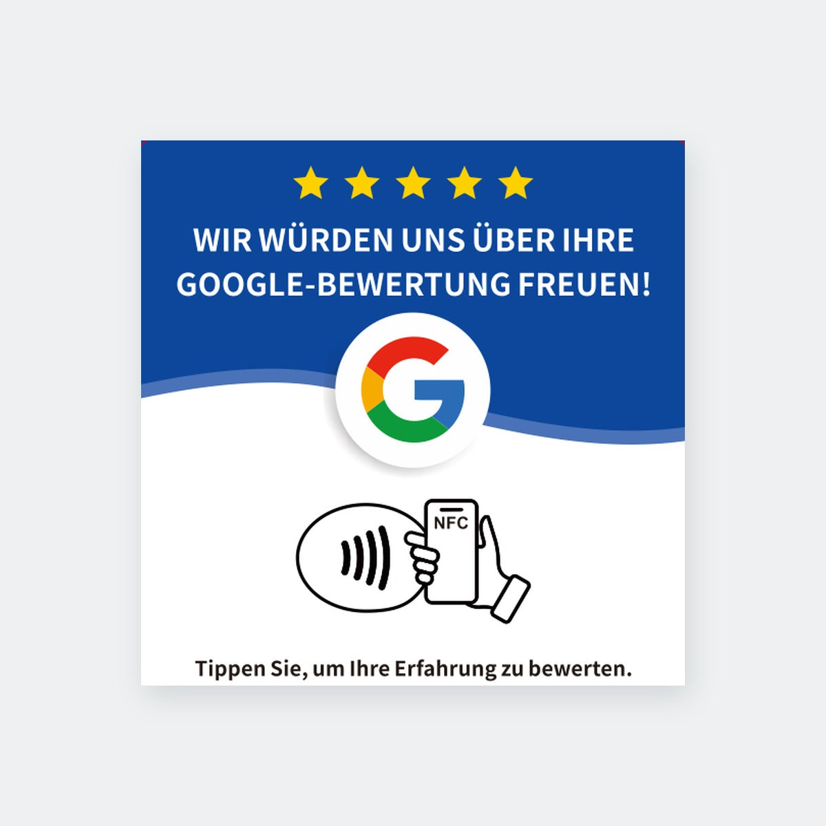 Google Bewertungskarte mit NFC, Vorderseite freigestellt vor hellgrauem Hintergrund