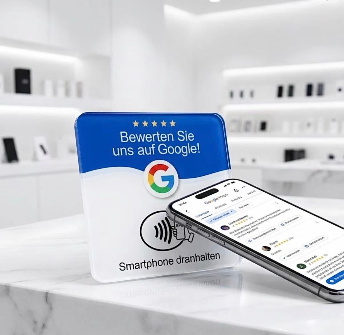 Google Bewertungskarte mit NFC auf einer Theke, Smartphone wird drangehalten