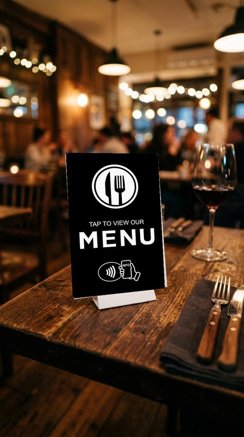 NFC Plattformkarte Motiv Speisekarte auf einem Restauranttisch