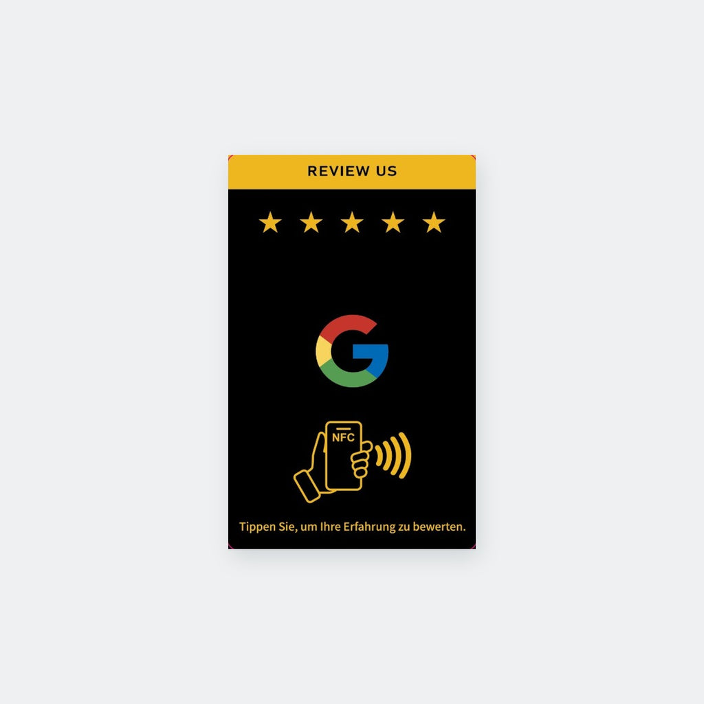 NFC Mini-Karte fuer Google Bewertungen, Vorderseite mit fuenf Sternen und Google-Logo