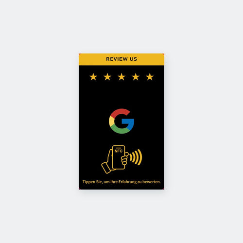 NFC Mini-Karte fuer Google Bewertungen, Vorderseite mit fuenf Sternen und Google-Logo