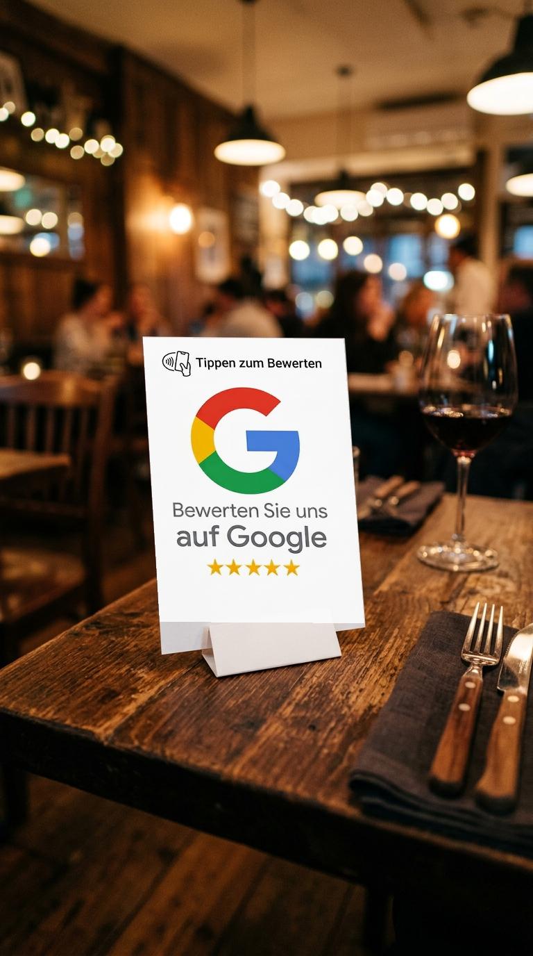 NFC Bewertungs-Aufsteller auf einem Restauranttisch am Abend