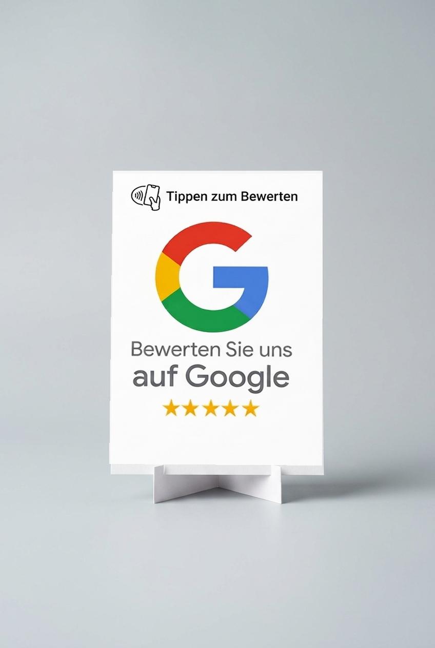 NFC Bewertungs-Aufsteller, Vorderseite mit Google-Logo und fuenf Sternen