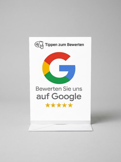Google Bewertungs-Aufsteller mit NFC, freigestellt vor hellgrauem Studiohintergrund